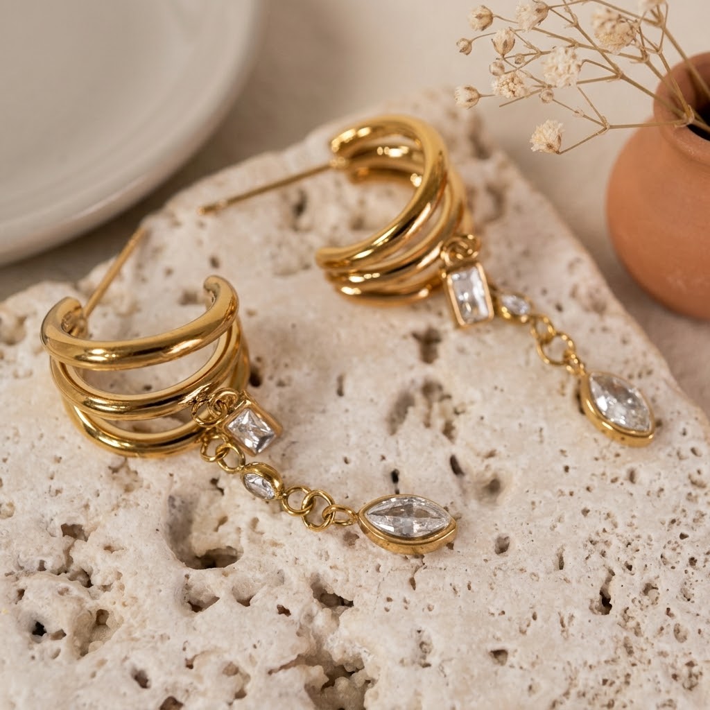 Aurora Triple Hoop CZ Drop Earrings