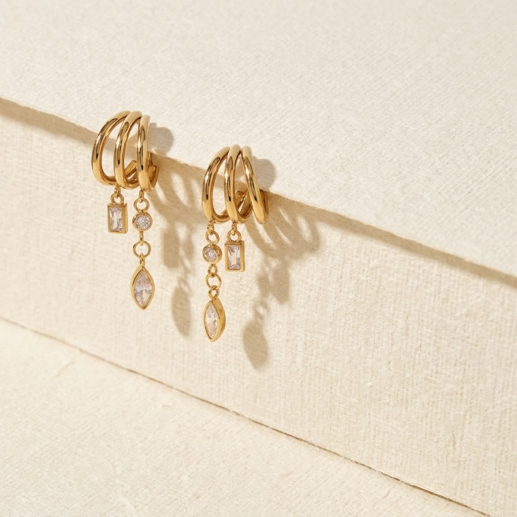 Aurora Triple Hoop CZ Drop Earrings