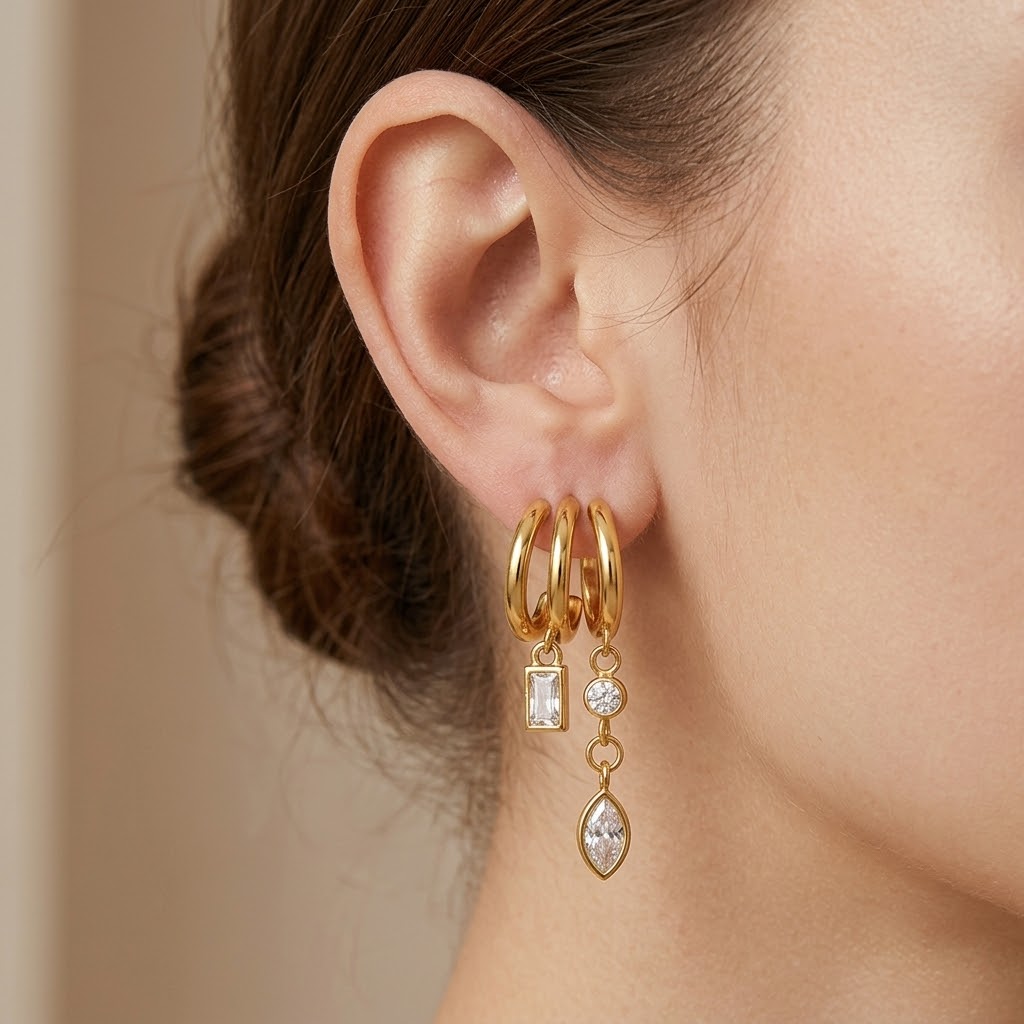 Aurora Triple Hoop CZ Drop Earrings