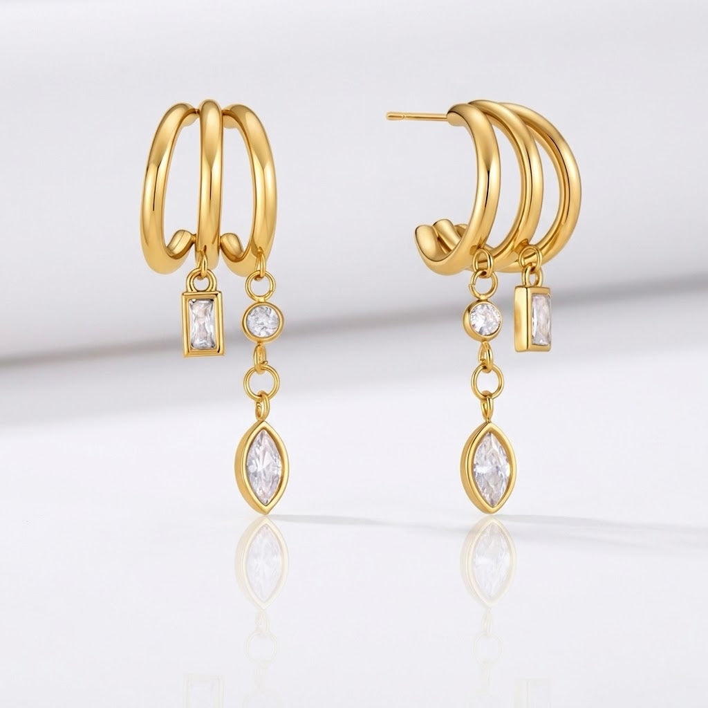 Aurora Triple Hoop CZ Drop Earrings