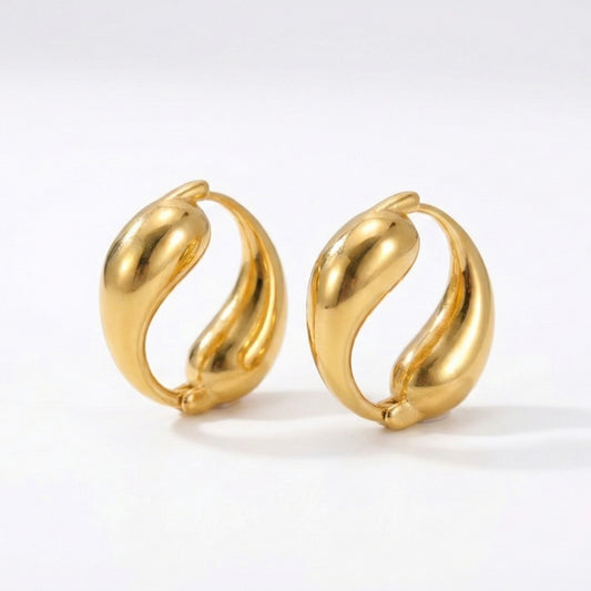 Glow Petal Golden Dewdrop Hoops - Chunky gold teardrop earrings 18k gold plated anti-tarnish jewelry on white background