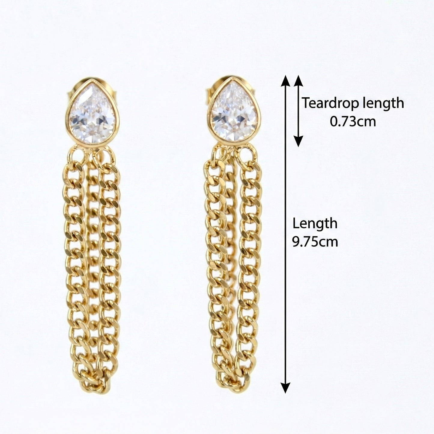 Gold chain earrings with teardrop-shaped crystals, showing measurements on a white background.