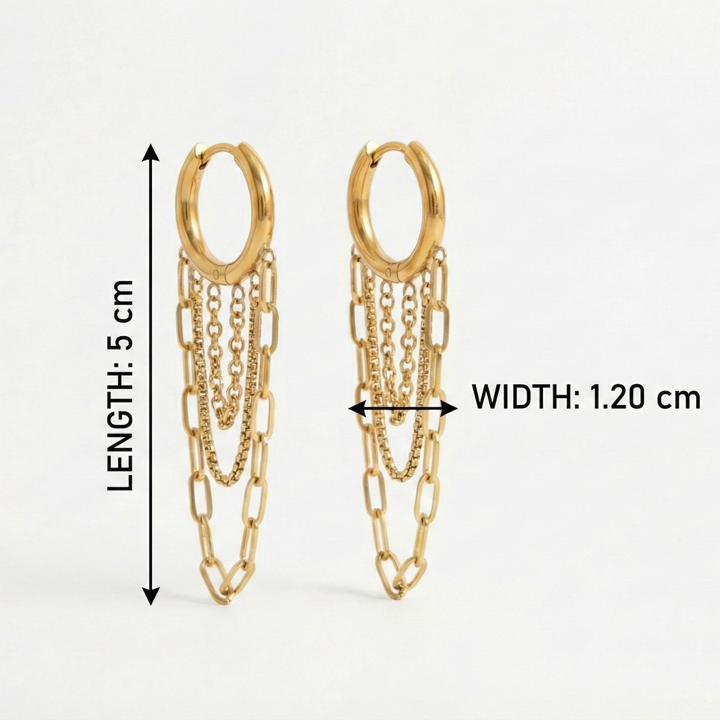 Gold hoop earrings with chain details and measurements on a white background