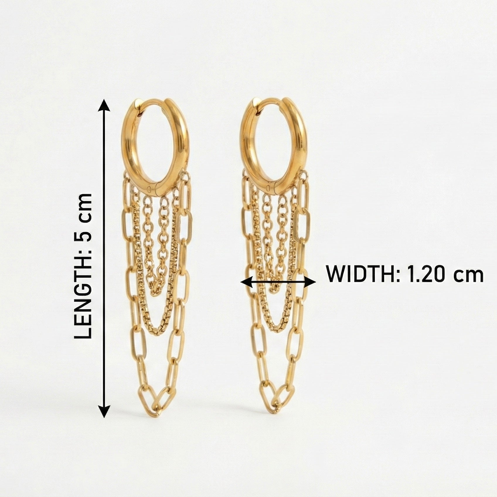 Gold hoop earrings with chain details and measurements on a white background