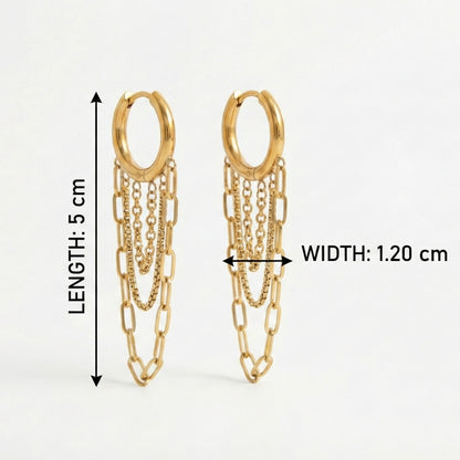 Gold hoop earrings with chain details and measurements on a white background