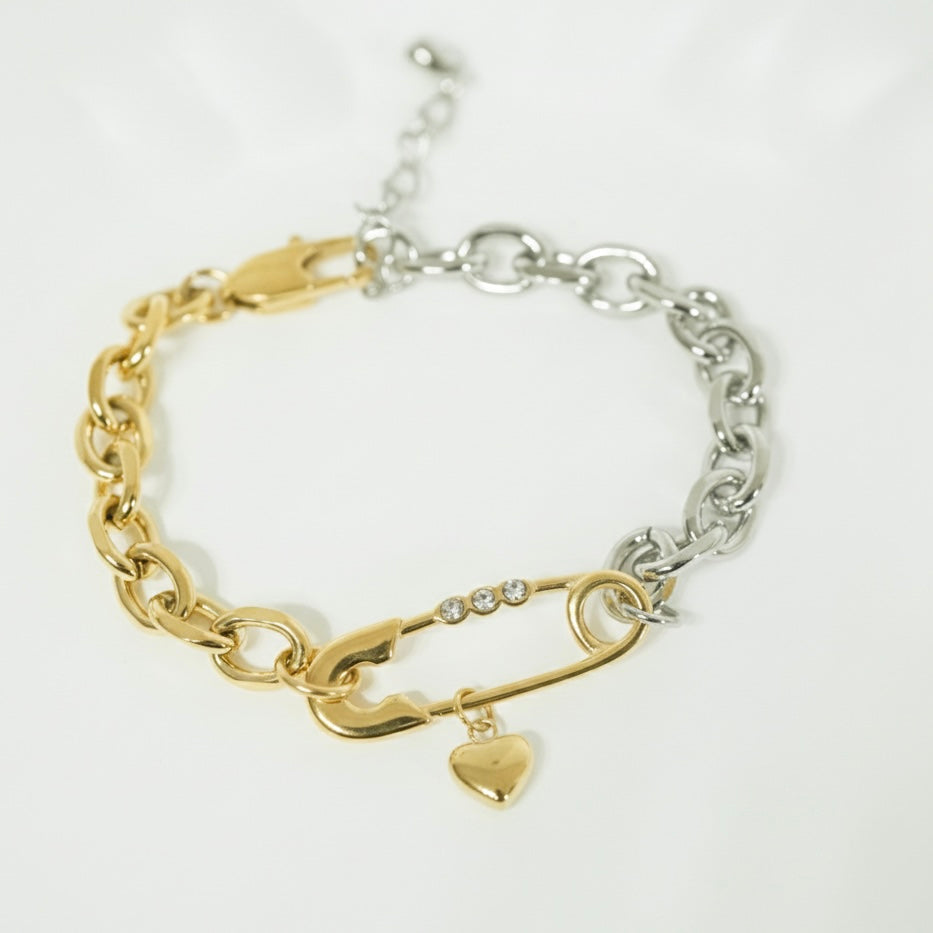 Elara Dual-Tone Safety Pin Charm Bracelet