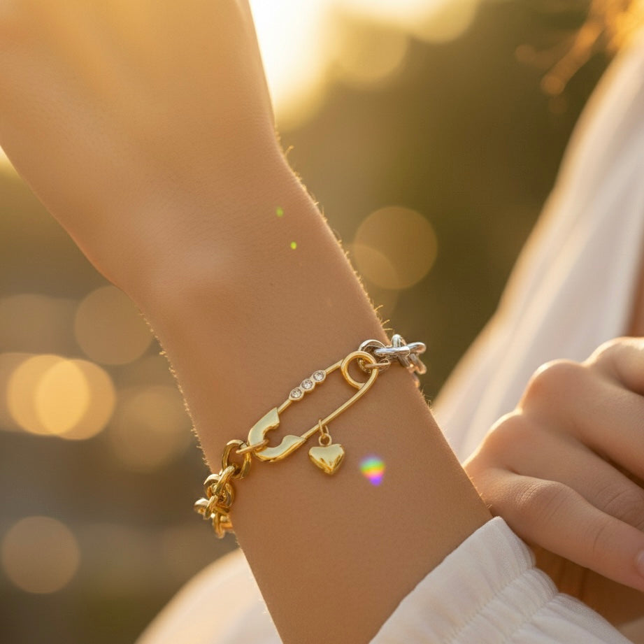 Elara Dual-Tone Safety Pin Charm Bracelet