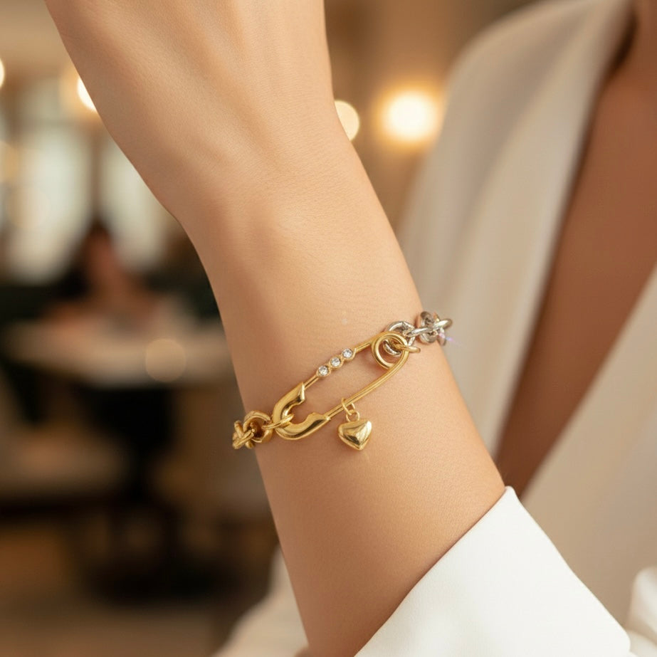 Elara Dual-Tone Safety Pin Charm Bracelet