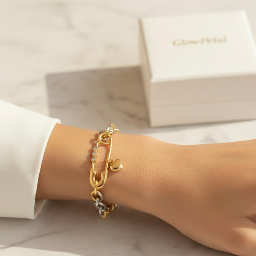 Elara Dual-Tone Safety Pin Charm Bracelet
