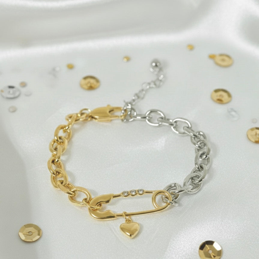 Elara Dual-Tone Safety Pin Charm Bracelet
