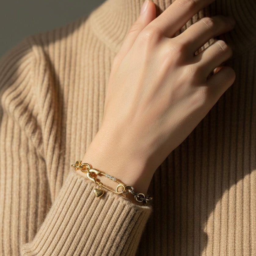 Elara Dual-Tone Safety Pin Charm Bracelet