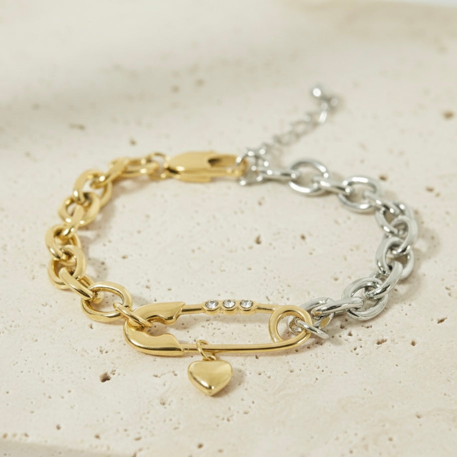 Elara Dual-Tone Safety Pin Charm Bracelet